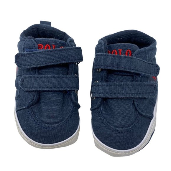 Baby Crib Shoes Polo Ralph Lauren Hook Loop Horse Logo Shoes  Navy Blue Red USA - Picture 2 of 9
